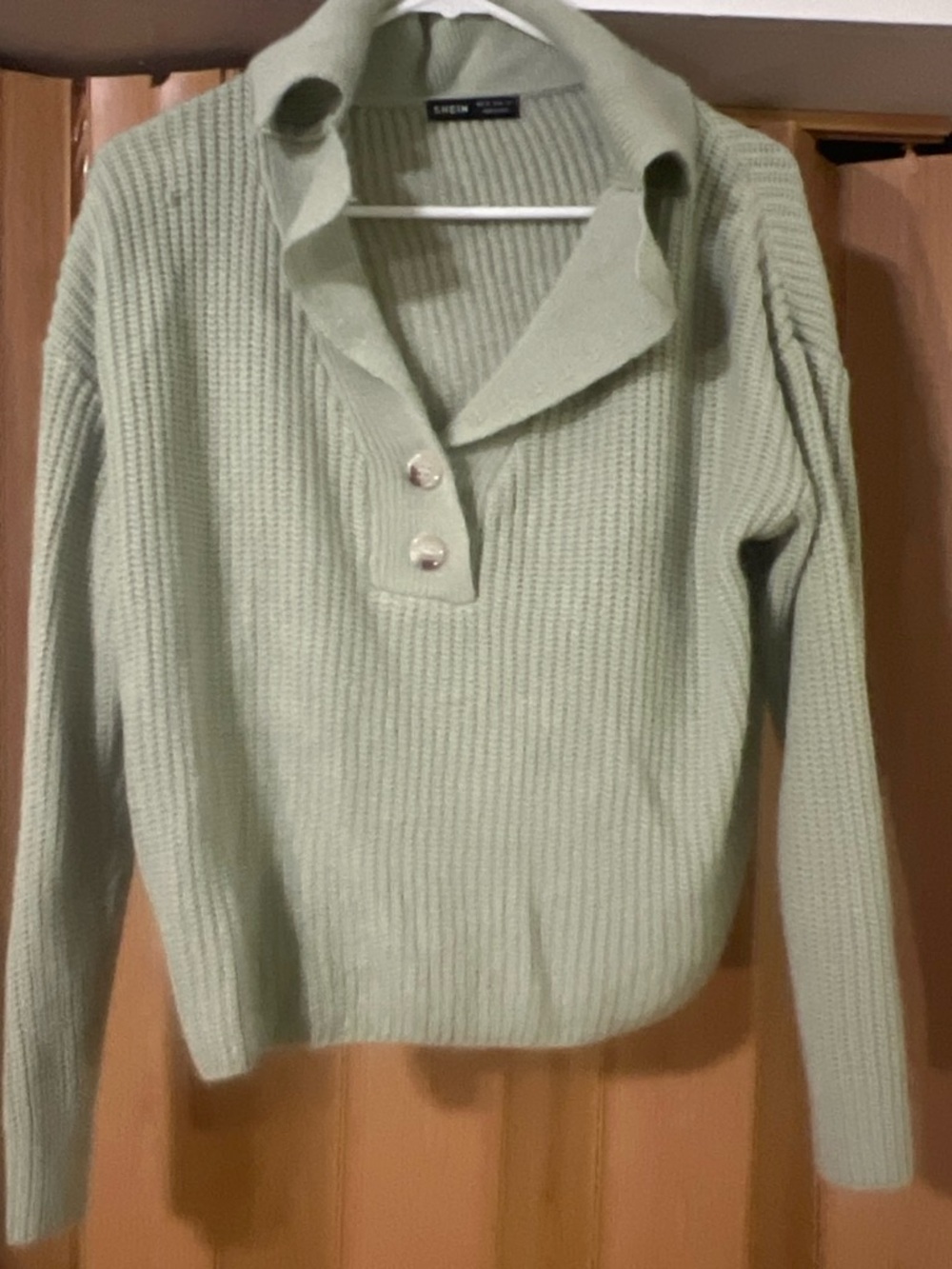 SHEIN Mint Ribbed Fold-Over Collar Button Pullover